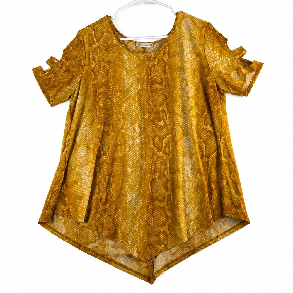 Coco's Clozet Women's Large Mustard Snake Print Cold Shoulder Tunic Top